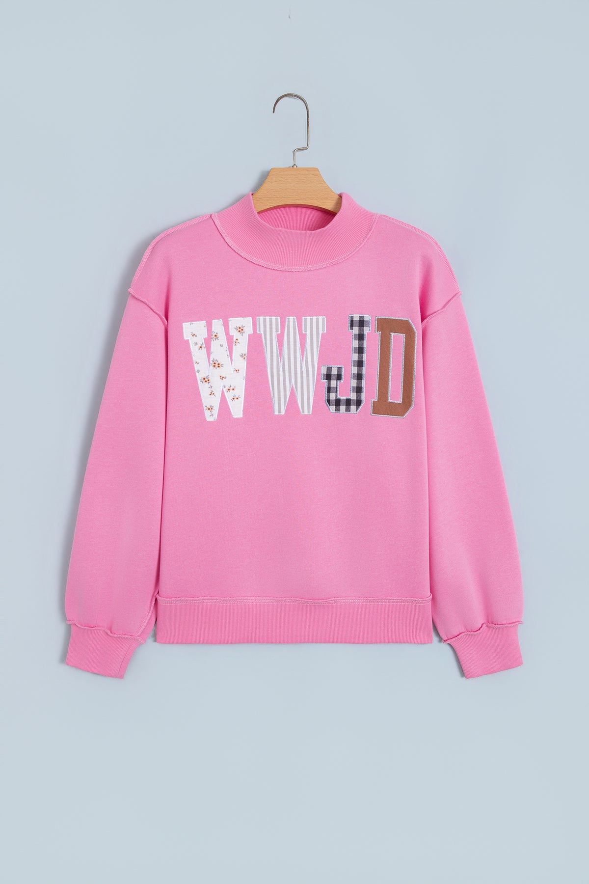 Gray WWJD Mixed Pattern Embroidered Patch Graphic Mock Neck Sweatshirt