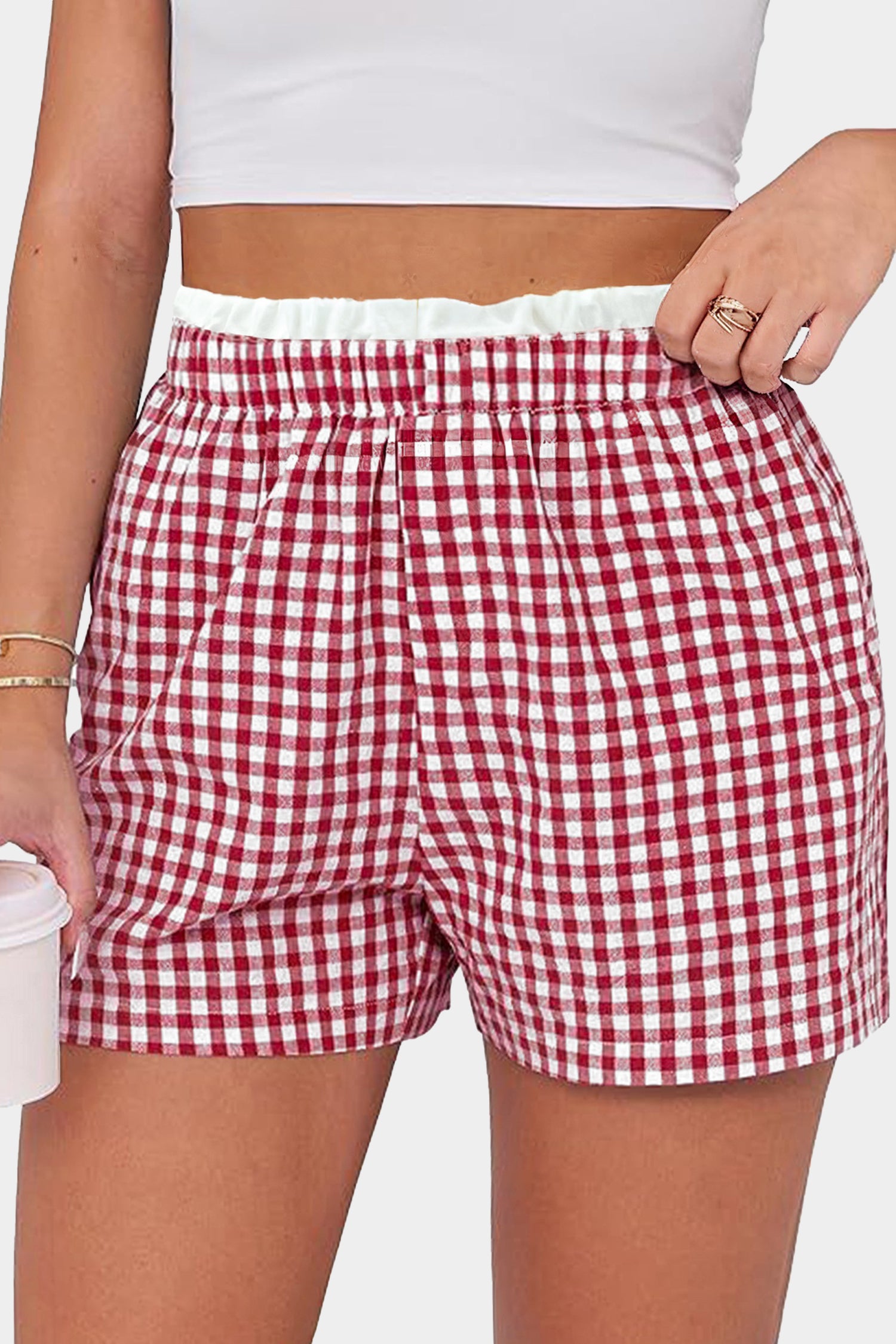 Khaki Contrast Trim Plaid Print Plus Size Shorts