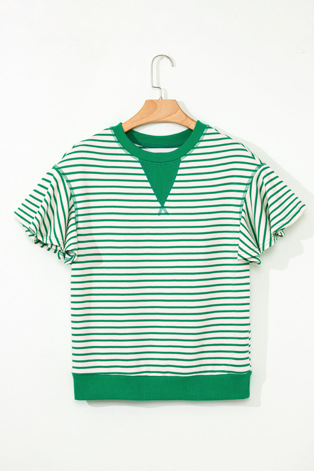 Parchment Contrast Detail Striped Ruffle Short Sleeve Top
