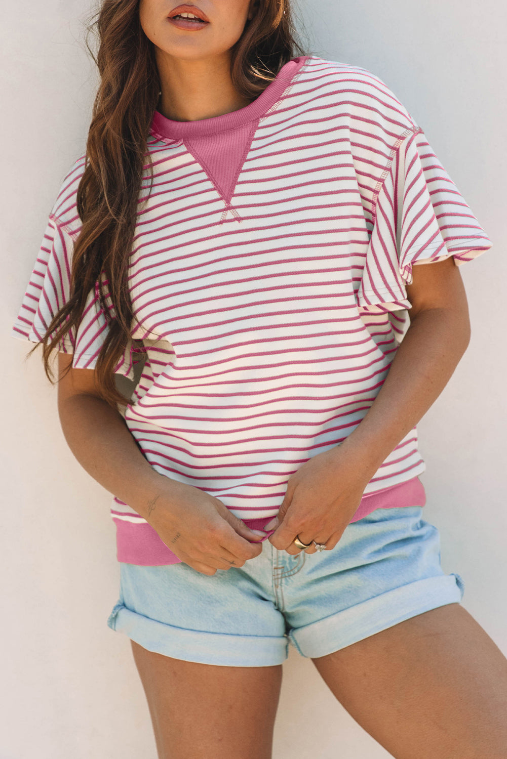 Parchment Contrast Detail Striped Ruffle Short Sleeve Top
