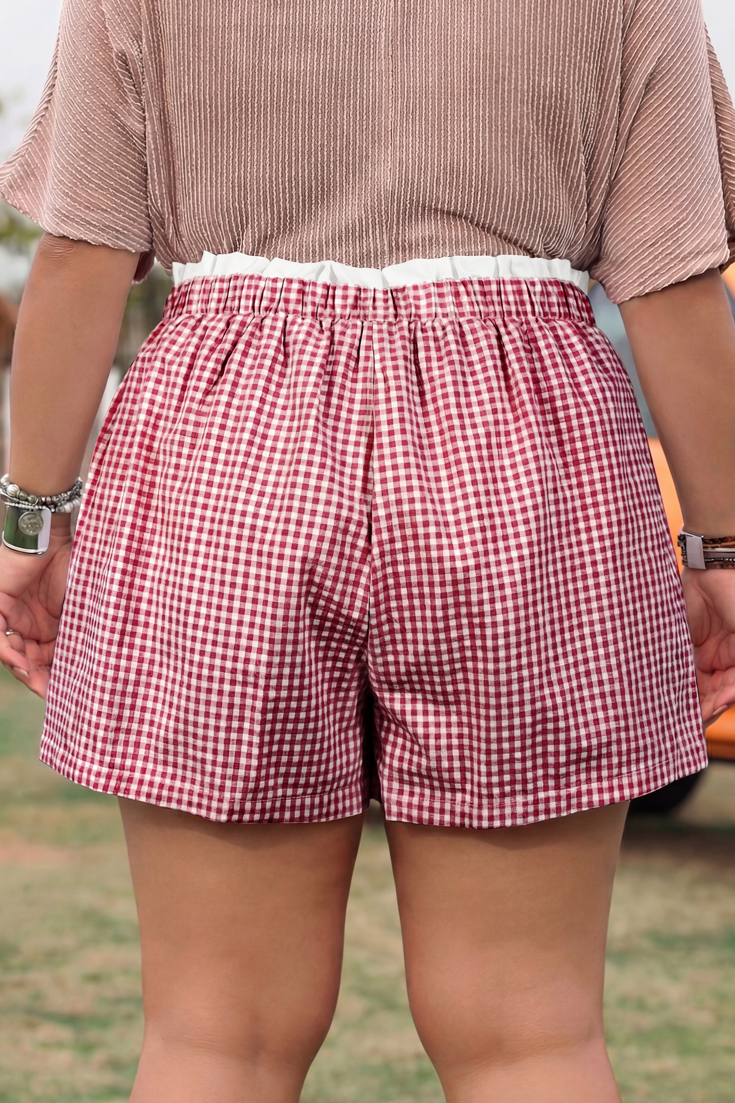 Khaki Contrast Trim Plaid Print Plus Size Shorts