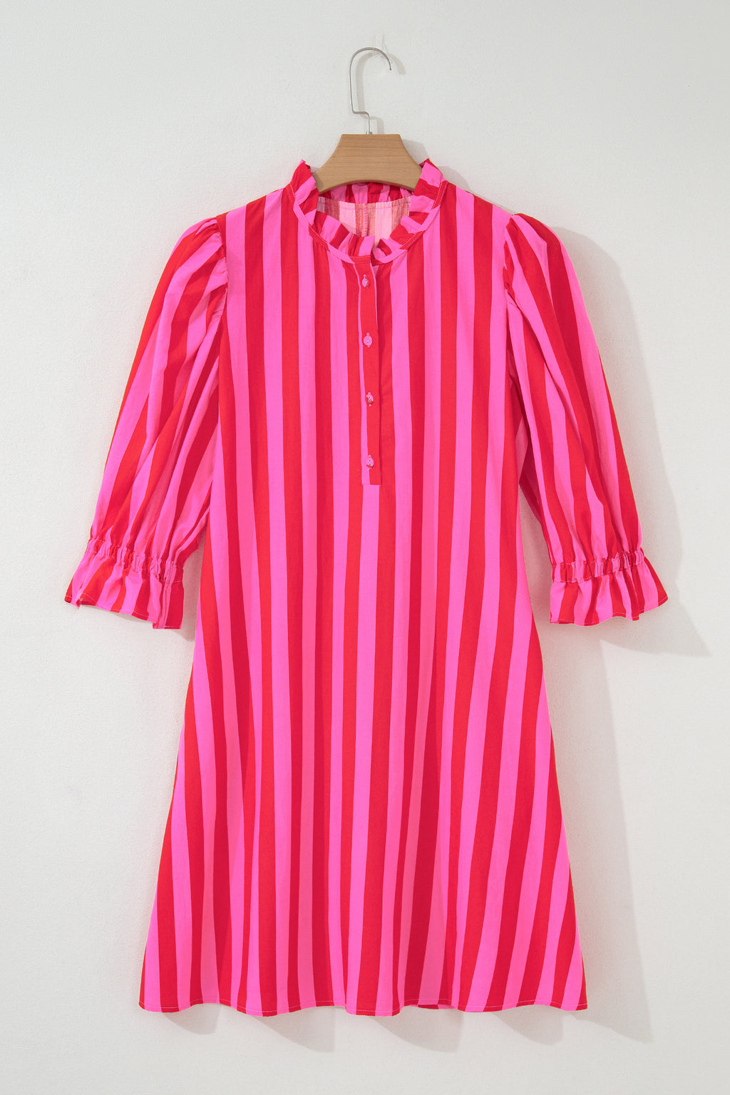 Rose Stripe Frilled Collar Button Neck Short Sleeve Curvy Mini Dress