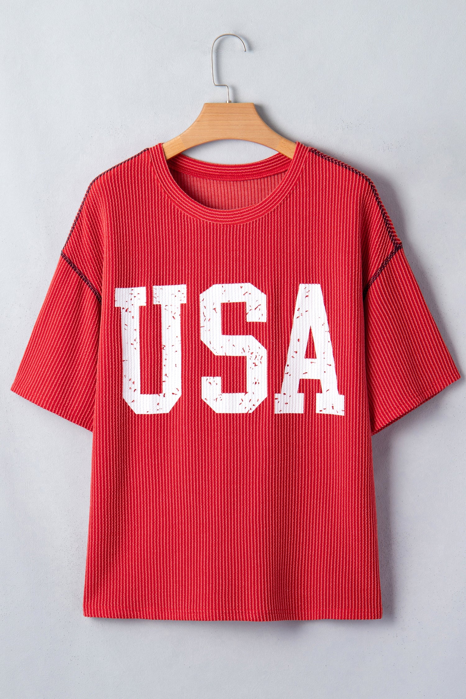 White USA Graphic Half Sleeve Loose Ribbed Top